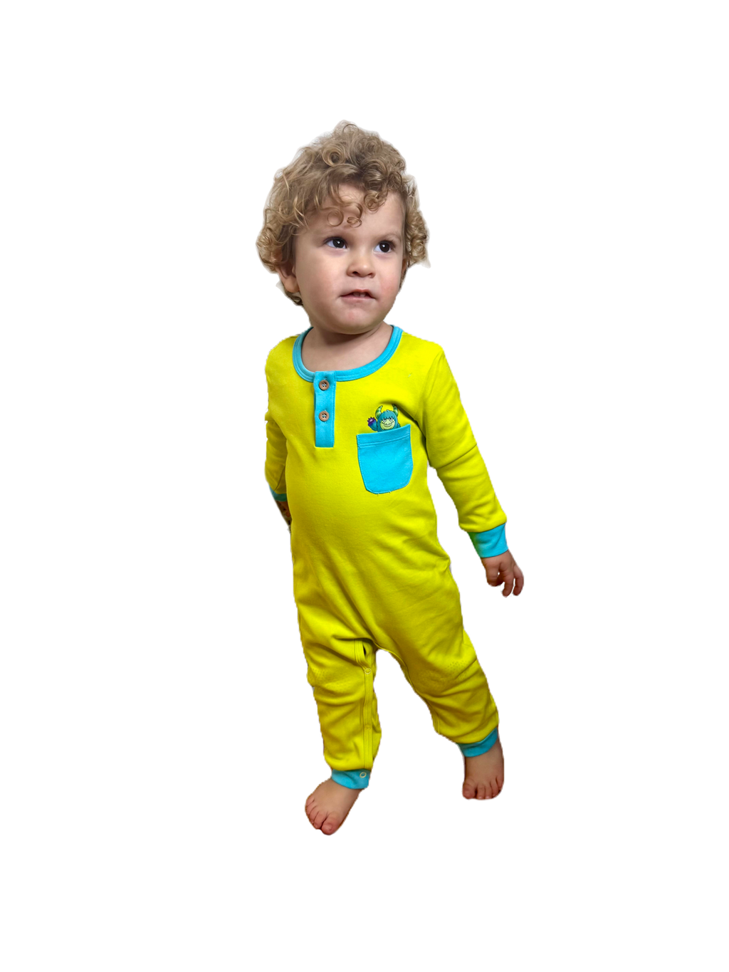 Happy Monster Romper Lime Green Baby Crawling Suit | Grippies