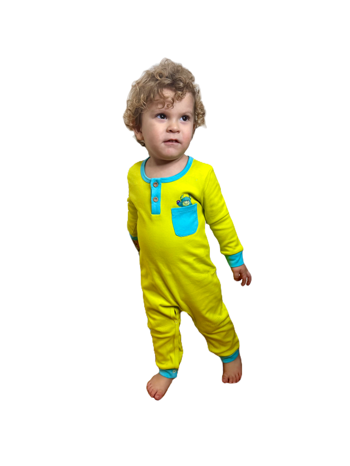 Happy Monster Romper Lime Green Baby Crawling Suit | Grippies