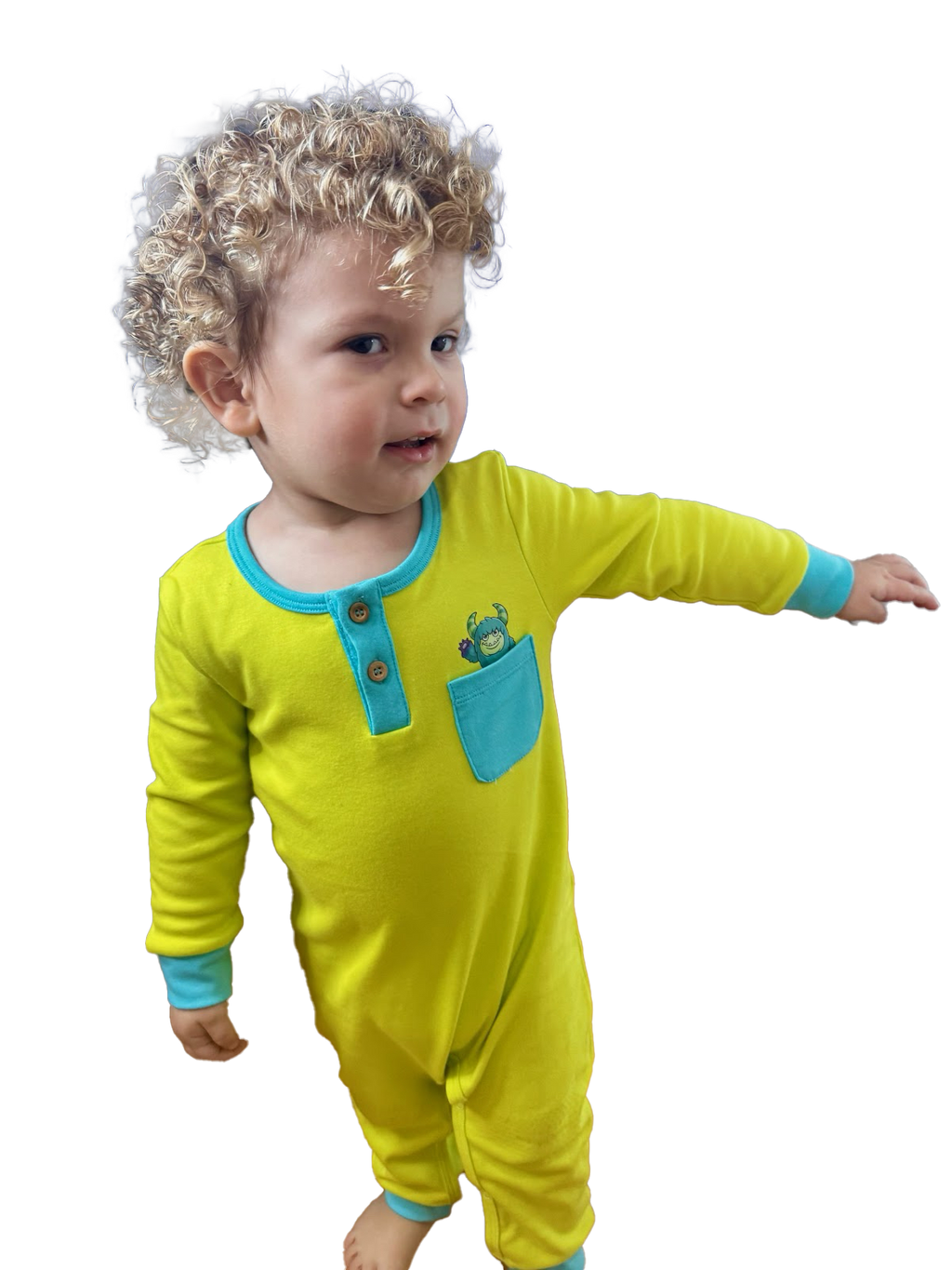 Happy Monster Romper Lime Green Baby Crawling Suit | Grippies
