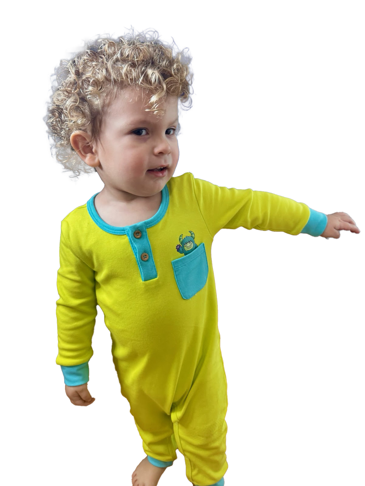 Happy Monster Romper Lime Green Baby Crawling Suit | Grippies