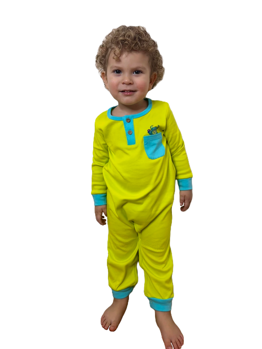 Happy Monster Romper Lime Green Baby Crawling Suit | Grippies