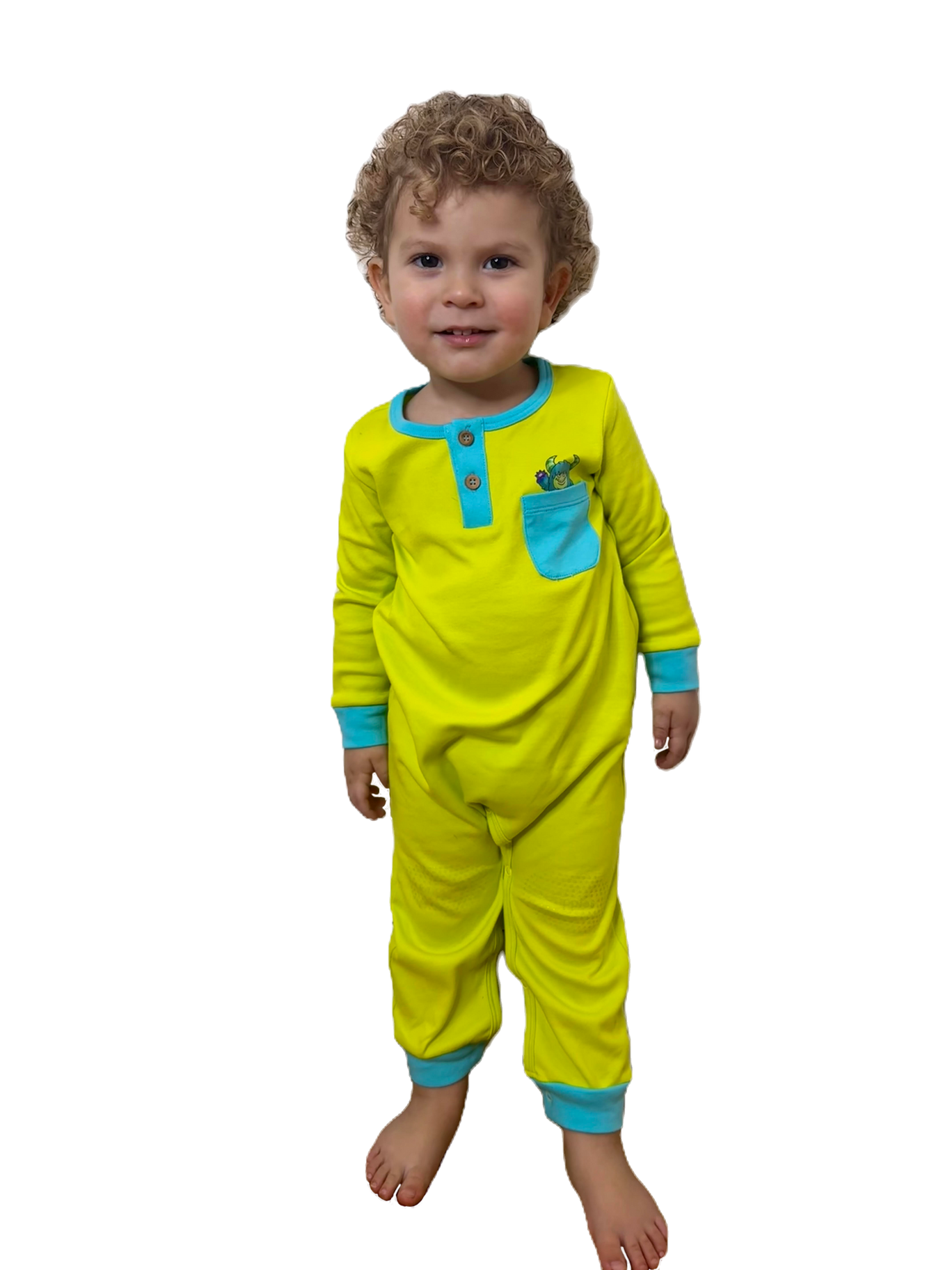 Happy Monster Romper Lime Green Baby Crawling Suit | Grippies