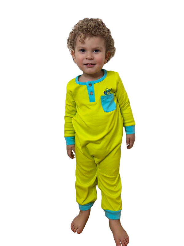 Happy Monster Romper Lime Green Baby Crawling Suit | Grippies
