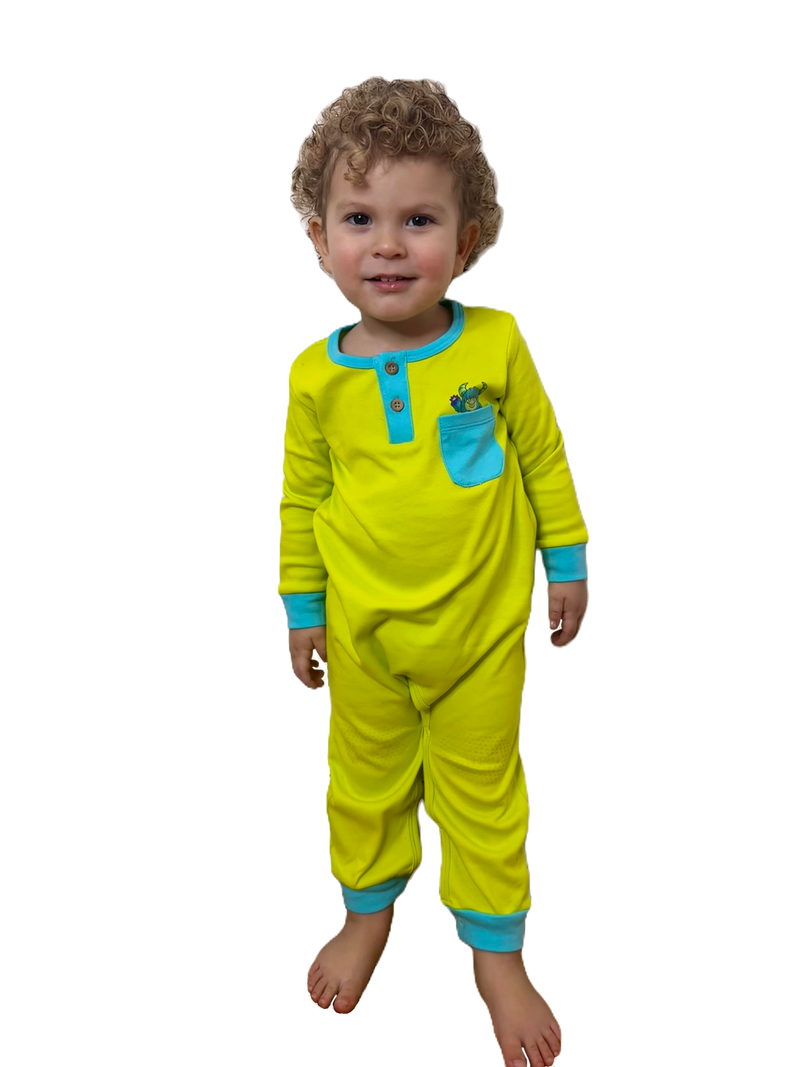 Happy Monster Romper Lime Green Baby Crawling Suit | Grippies