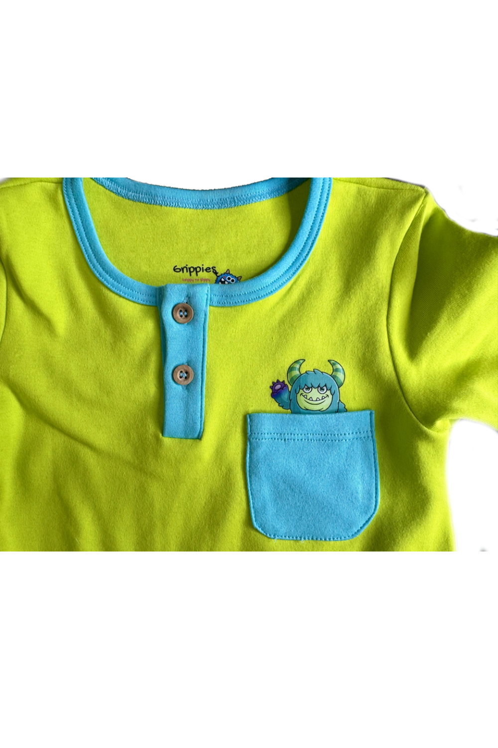 Happy Monster Romper Lime Green Baby Crawling Suit | Grippies