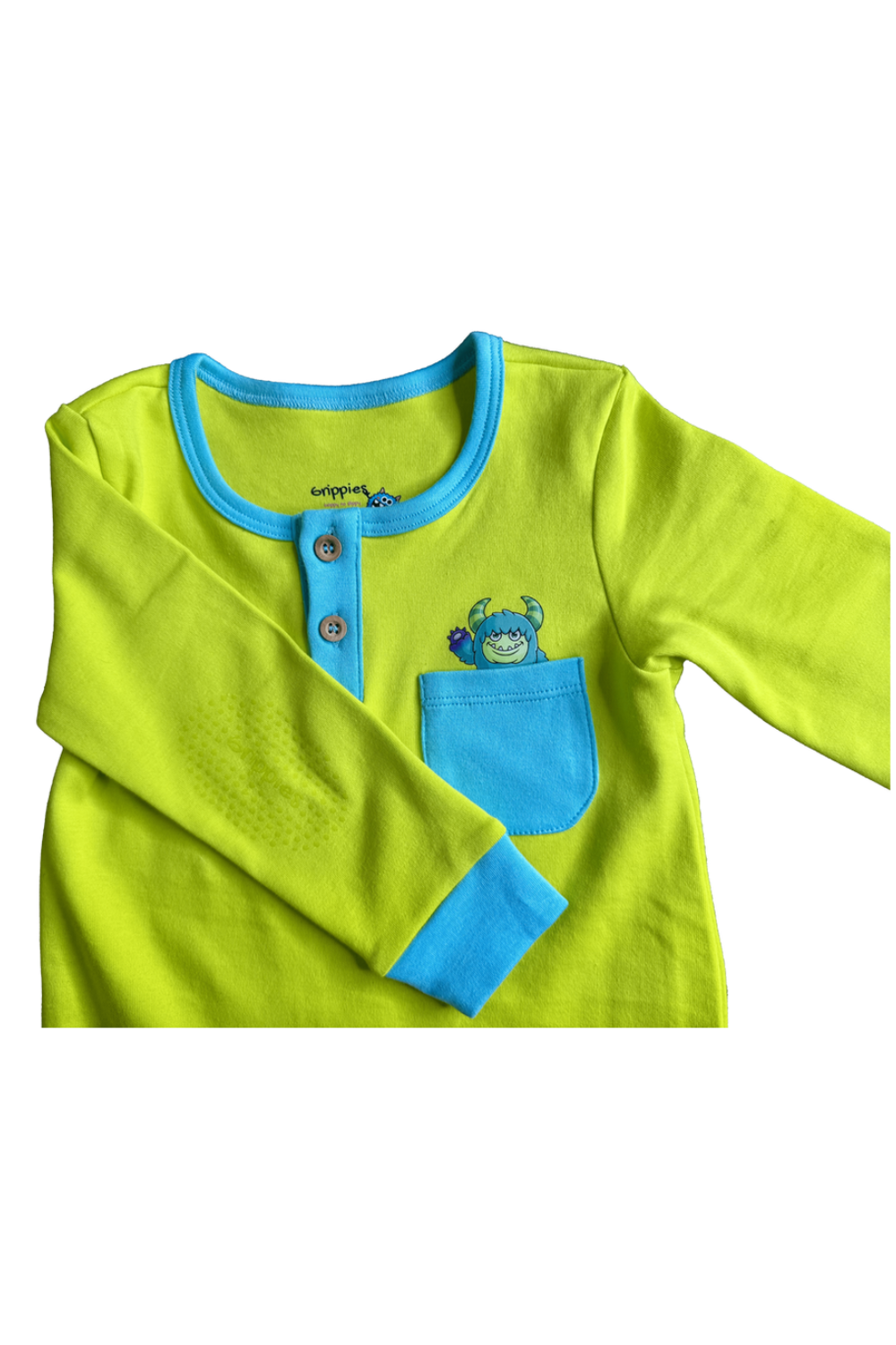 Happy Monster Romper Lime Green Baby Crawling Suit | Grippies